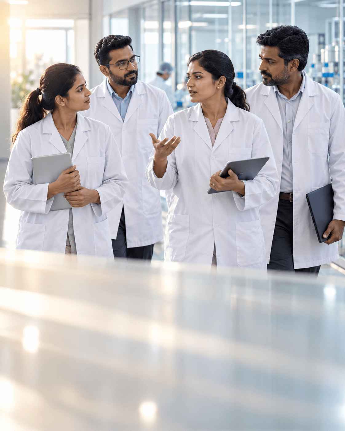Pharmaceutical professionals in conversation in a laboratory corridor