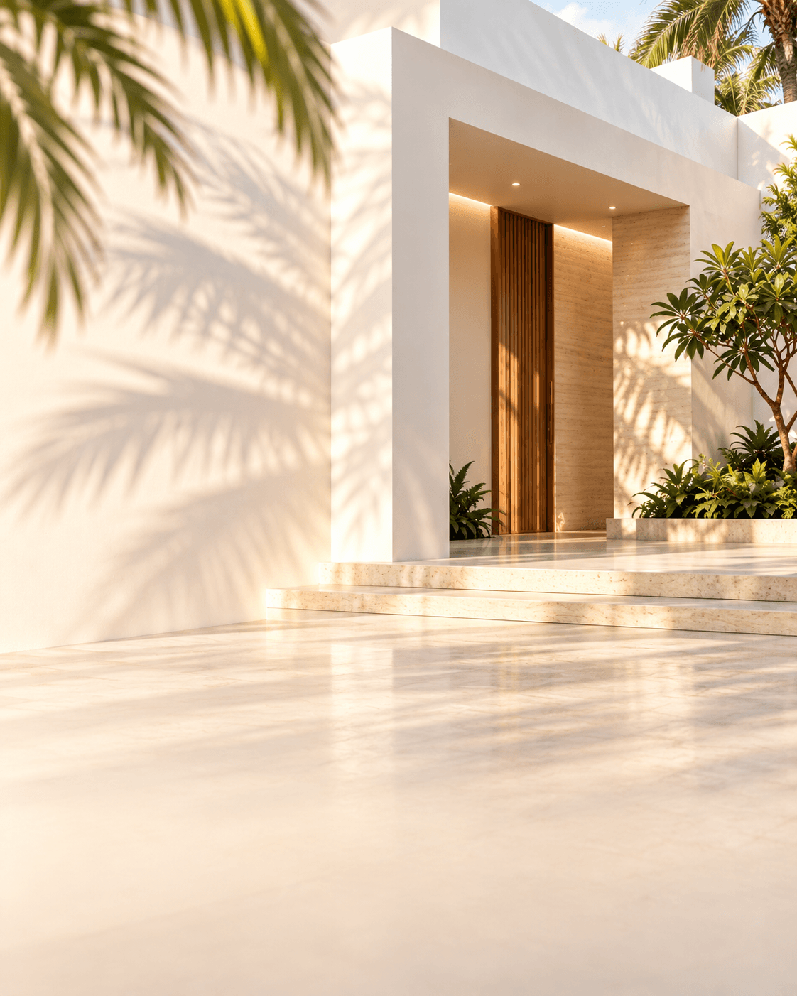 A bright white building entrance in soft coastal light