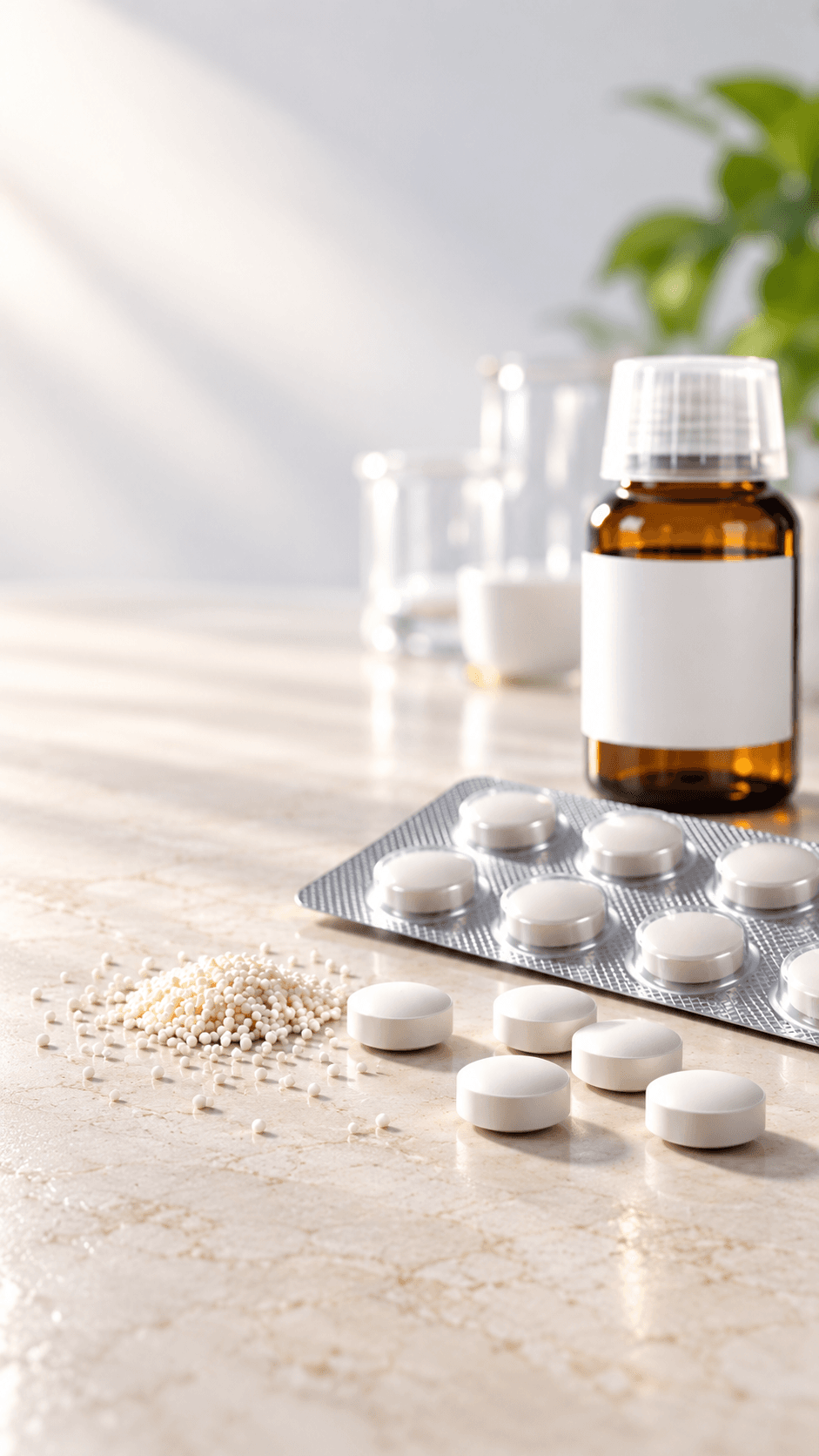Plain white tablets, a blister strip and an amber bottle on pale stone in morning light