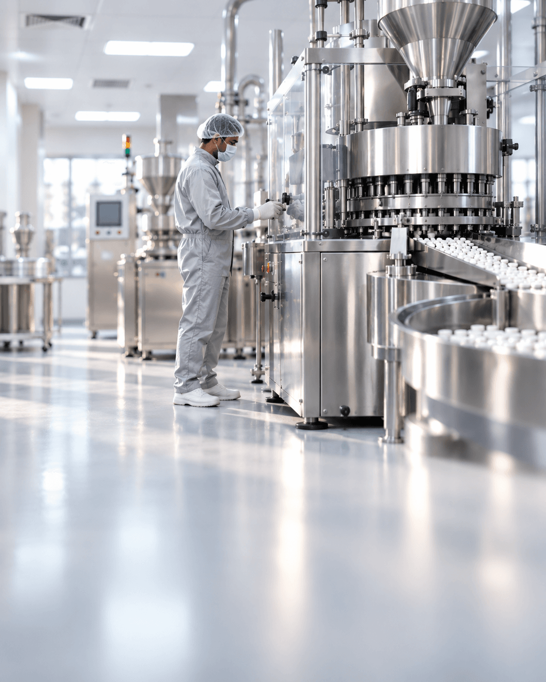 A technician checking tablet manufacturing equipment