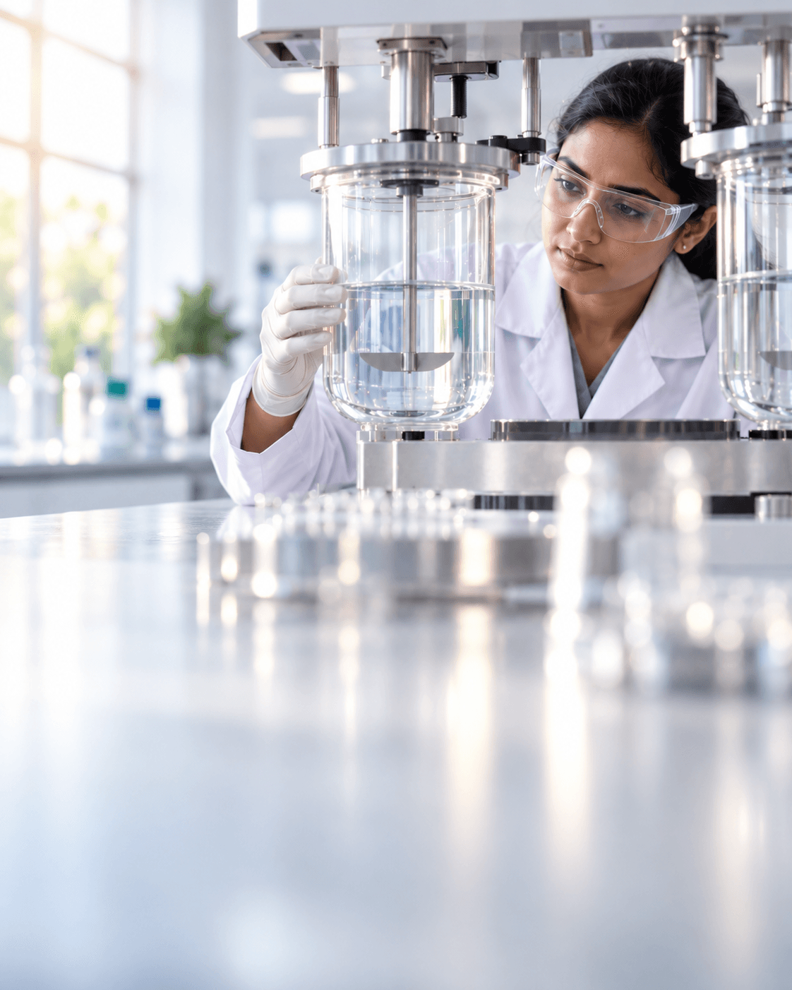 A quality-control scientist examining a dissolution vessel
