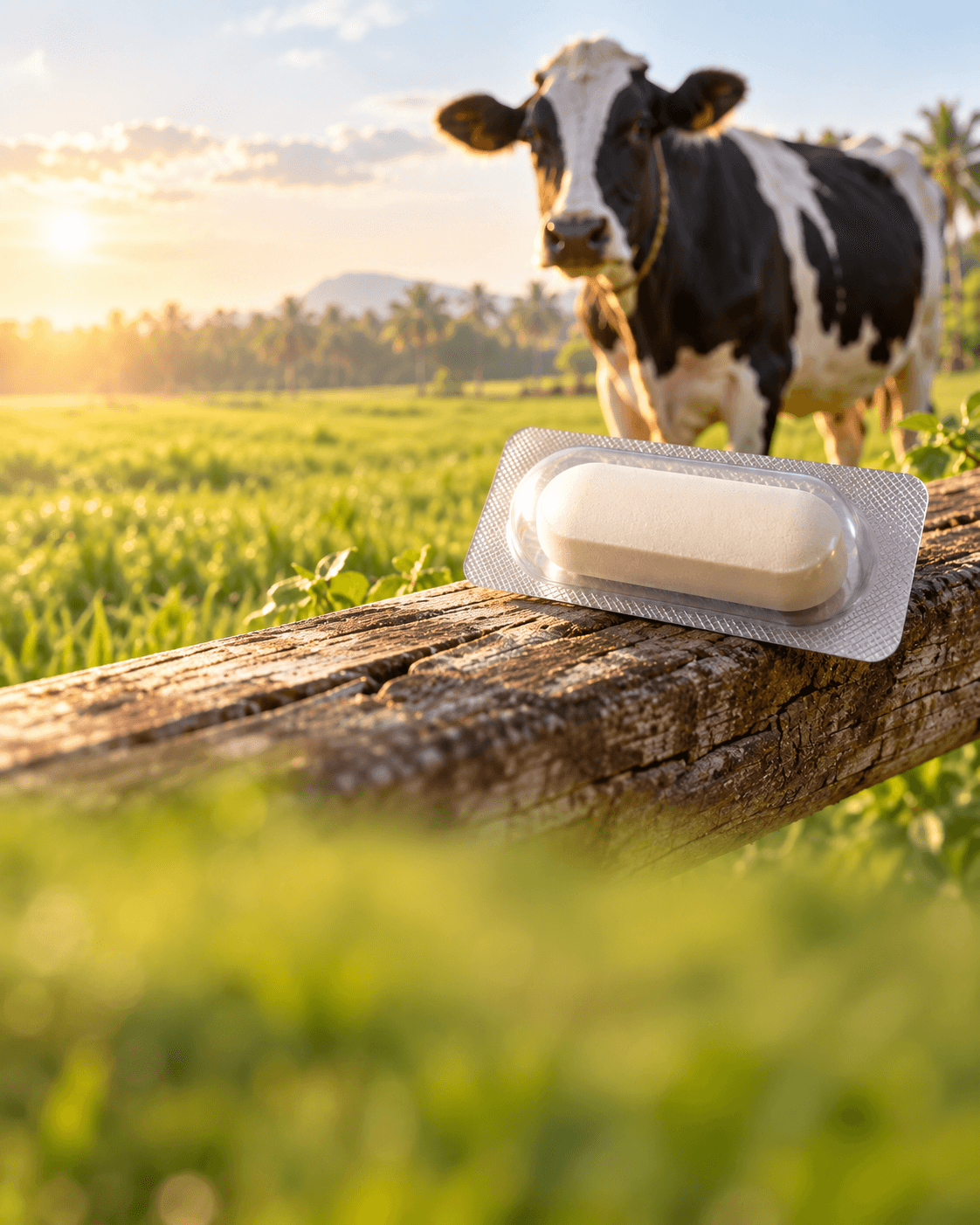 A plain veterinary bolus in a blister, a dairy cow grazing behind