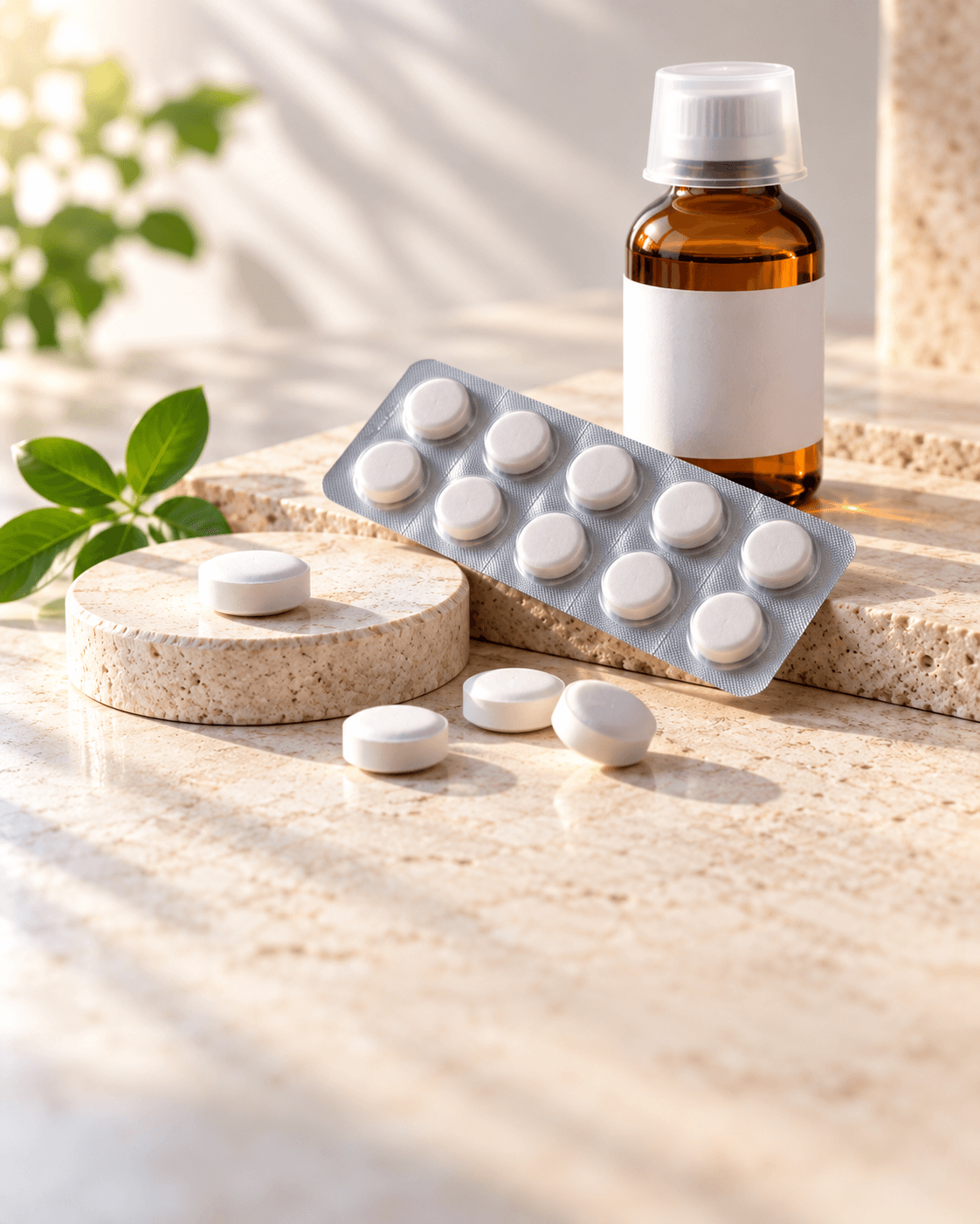 Plain tablets, a blister strip and an amber syrup bottle