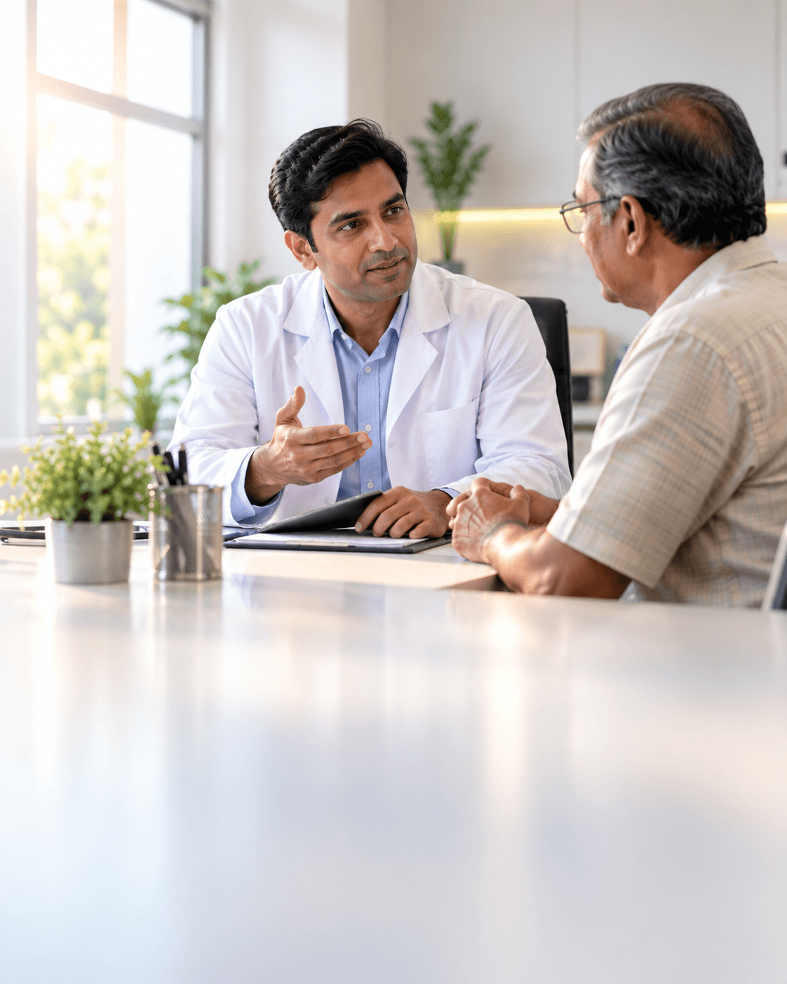 A doctor talking with a patient in a bright clinic