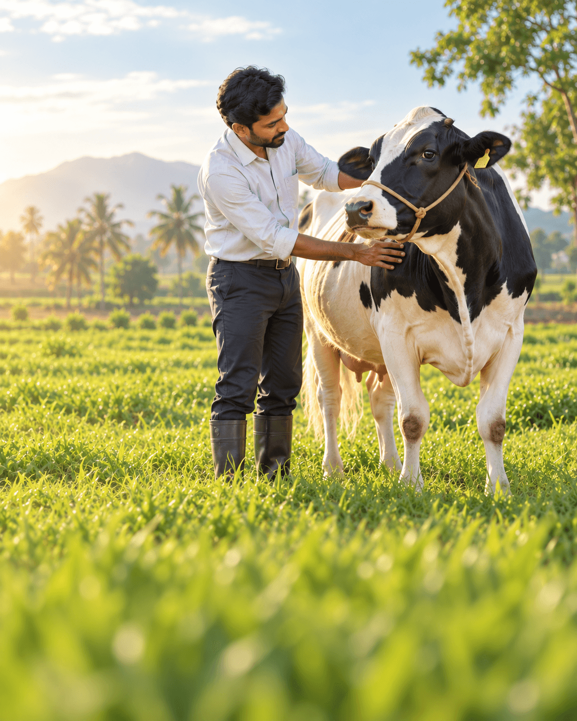 A veterinarian examining a healthy cow on a farm